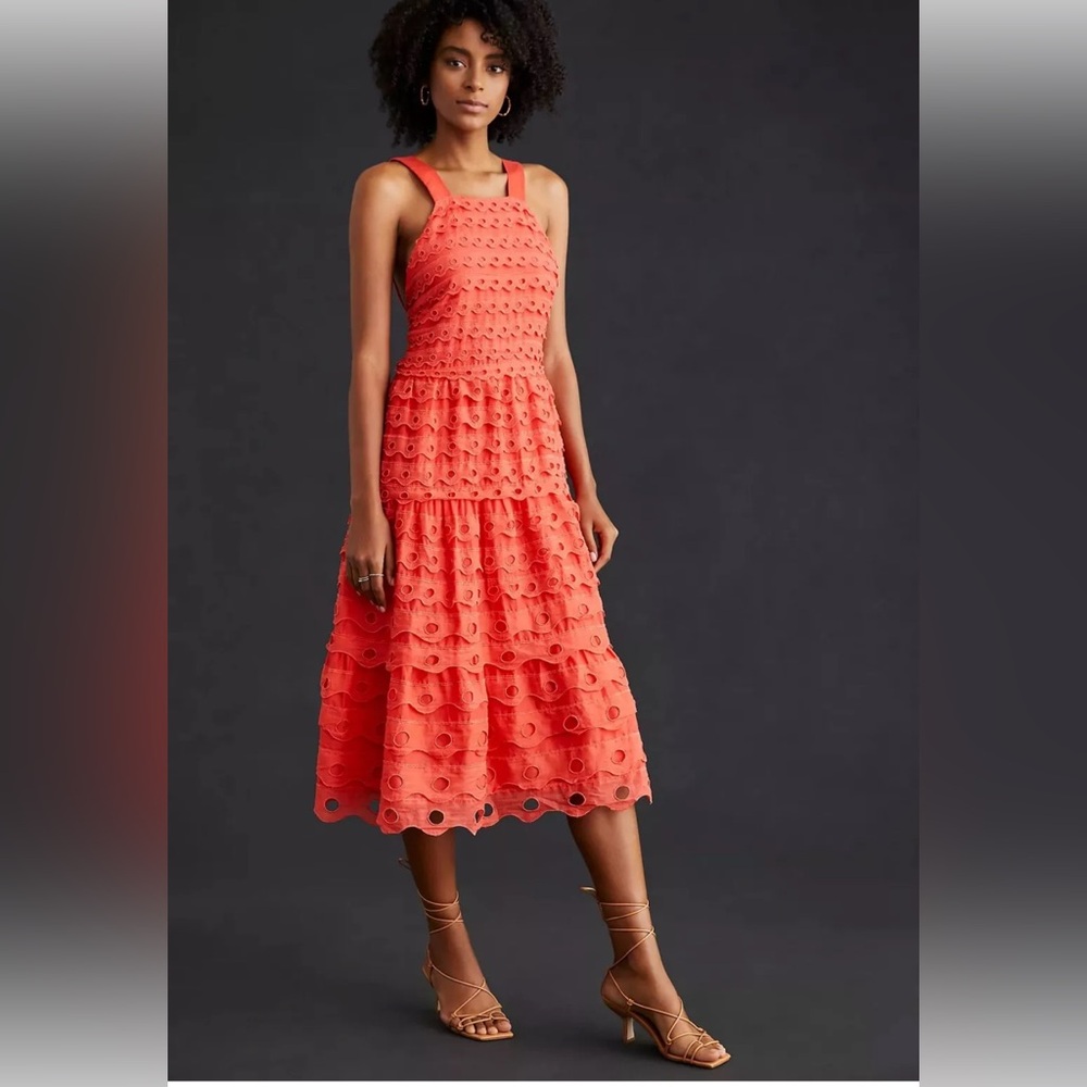 NWT Anthropologie Maeve Eyelet Halter Midi Dress Sz 6P
reddish-orange (coral)